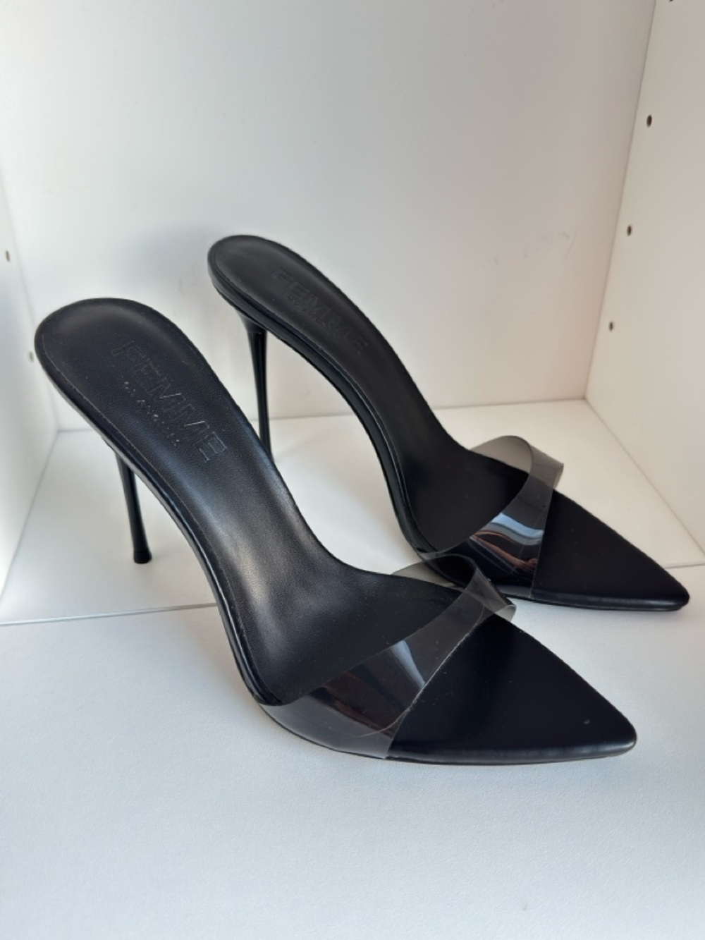 La Femme Black Pointed Clear-Trim Stiletto Mules